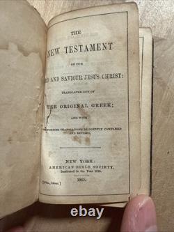1865 NEW TESTAMENT antique CIVIL WAR ERA old AMERICAN BIBLE SOCIETY leather