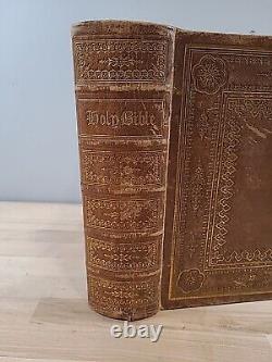 1866 HOLY BIBLE antique CIVIL WAR ERA color frontispiece LEATHER old FAMILY