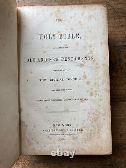 Antique 1854 Pre Civil War American FAMILY HOLY BIBLE Leather Binding NY Safford