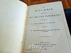 Antique 1863 Civil War American Bible Society HOLY BIBLE Pocket Size Leather