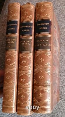 Antique 1864 Civil War Era Leather Set Of 3 Nathaniel Hawthorne Novels Gilt Edge