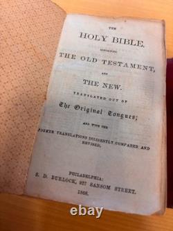 Antique 1868 civil war era HOLY BIBLE Red Leather Wallet Binding