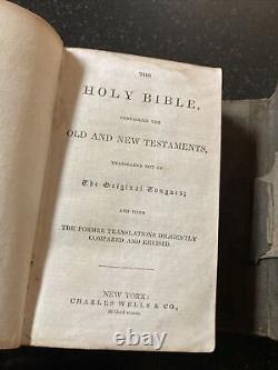 Pre civil war holy bible 1836-1843 charles wells ny gold pocket leather book