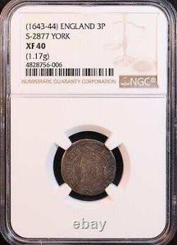 1643-44 Angleterre Charles I Threepence, York S-2877 -NGC XF40 Guerre civile anglaise