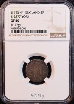 1643-44 Angleterre Charles I Threepence, York S-2877 -NGC XF40 Guerre civile anglaise