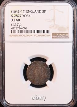 1643-44 Angleterre Charles I Trois pence, York S-2877 -NGC XF40 Guerre Civile Anglaise