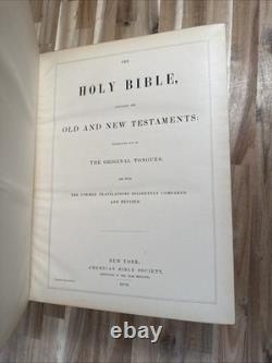 1870 SAINTE BIBLE grand RARE QUARTO belle reliure CUIR antique APRÈS LA GUERRE DE SÉCESSION