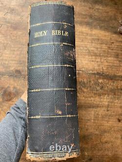 Antique 1854 Avant La Guerre Civile American Family Holy Bible Leather Reliure Ny Safford