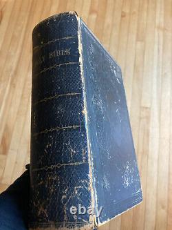 Antique 1855 Avant La Guerre Civile American Holy Bible Large Reliure En Cuir Non Signée