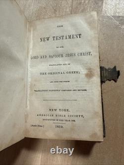 BIBLE ANTIQUE DE 1859 TESTAMENT NOUVEAU ÉPOQUE DE LA GUERRE CIVILE CUIR SOCIÉTÉ BIBLIQUE AMÉRICAINE ANCIENNE