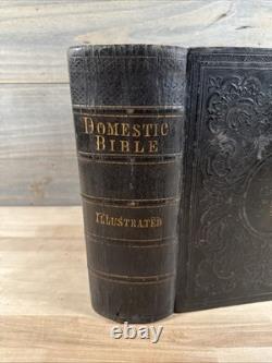 BIBLE SAINTE 1867 antique en cuir POST-GUERRE CIVILE INGRAM COBBIN ancienne ILLUSTRÉE