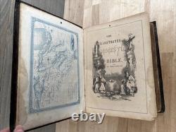 BIBLE SAINTE 1867 antique en cuir POST-GUERRE CIVILE INGRAM COBBIN ancienne ILLUSTRÉE