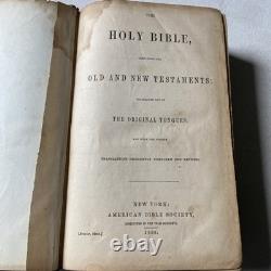 BIBLE SAINTE 1869 antique en cuir SOCIÉTÉ BIBLIQUE AMÉRICAINE d'époque post-guerre civile