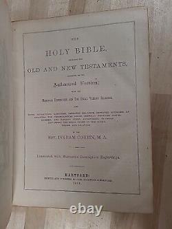 BIBLE SAINTE 1872 illustrée INGRAM COBBIN famille ANTIQUE cuir POST GUERRE CIVILE