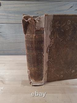 BIBLE SAINTE C1850 rare DÉTROIT Michigan ANTIQUE PRÉ-GUERRE CIVILE vieux cuir