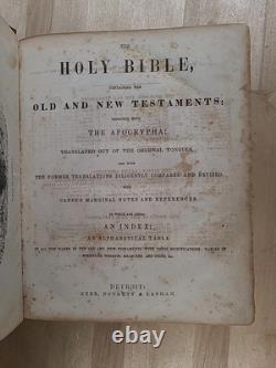 BIBLE SAINTE C1850 rare DÉTROIT Michigan ANTIQUE PRÉ-GUERRE CIVILE vieux cuir