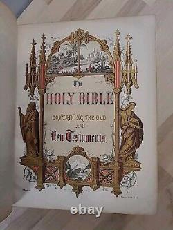 BIBLE sainte antique de 1866 de l'époque de la guerre civile avec frontispice en couleur et reliure en cuir, ancienne et familiale.