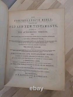 BIBLE sainte antique de 1866 de l'époque de la guerre civile avec frontispice en couleur et reliure en cuir, ancienne et familiale.