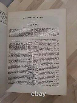 BIBLE sainte antique de 1866 de l'époque de la guerre civile avec frontispice en couleur et reliure en cuir, ancienne et familiale.