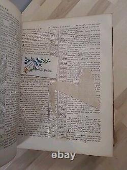 BIBLE sainte antique de 1866 de l'époque de la guerre civile avec frontispice en couleur et reliure en cuir, ancienne et familiale.