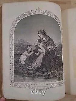 BIBLE sainte antique de 1866 de l'époque de la guerre civile avec frontispice en couleur et reliure en cuir, ancienne et familiale.