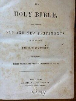 Bible Sainte en cuir antique grande de 1848, avant la guerre de Sécession, Société Biblique de New York