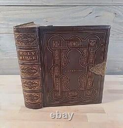 C1860 SAINTE BIBLE gaufrée BELLE cuir ÉPOQUE DE LA GUERRE DE SECESSION famille ILLUSTRÉE