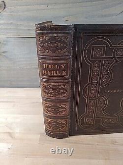 C1860 SAINTE BIBLE gaufrée BELLE cuir ÉPOQUE DE LA GUERRE DE SECESSION famille ILLUSTRÉE