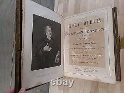 C1860 SAINTE BIBLE gaufrée BELLE cuir ÉPOQUE DE LA GUERRE DE SECESSION famille ILLUSTRÉE