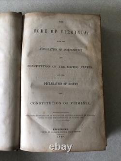 Code de Virginie de 1849 Partie II Livre Juridique d'État en Cuir Antique Droit Avant la Guerre Civile
