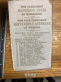 Document de la guerre civile BULLETIN DE VOTE Élection du président confédéré Jefferson Davis CSA