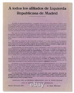 Guerre Civile Espagnole Affiche À TOUS LES AFFILIÉS DE LA GAUCHE RÉPUBLICAINE 1937